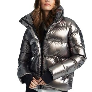 Intermix Metallic Rib Trim Funnel Neck Zip-Up Puffer Jacket